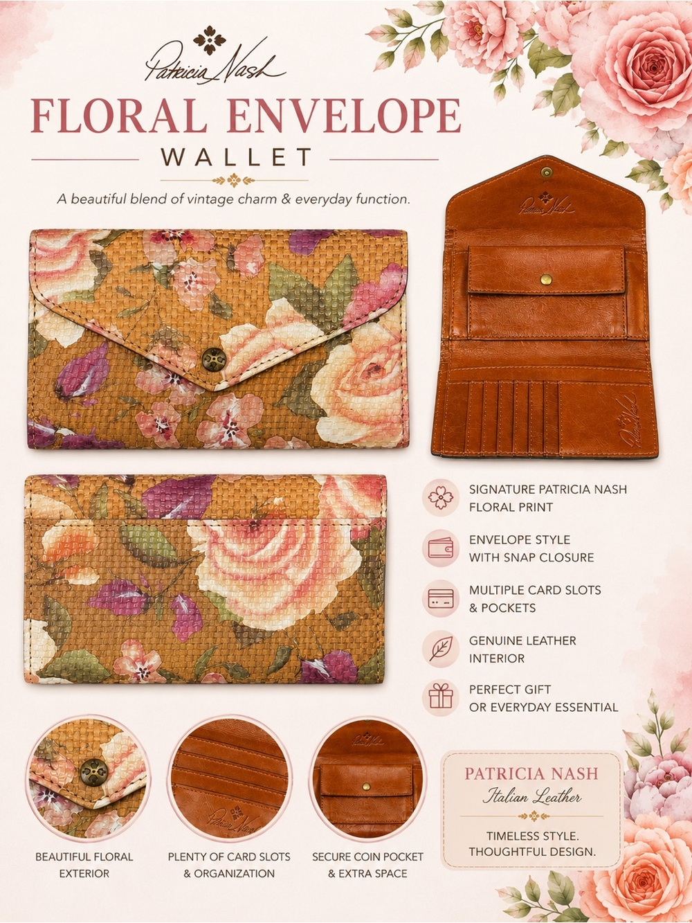 Patricia Nash Cori Rose Floral Envelope Wallet Clutch RFID